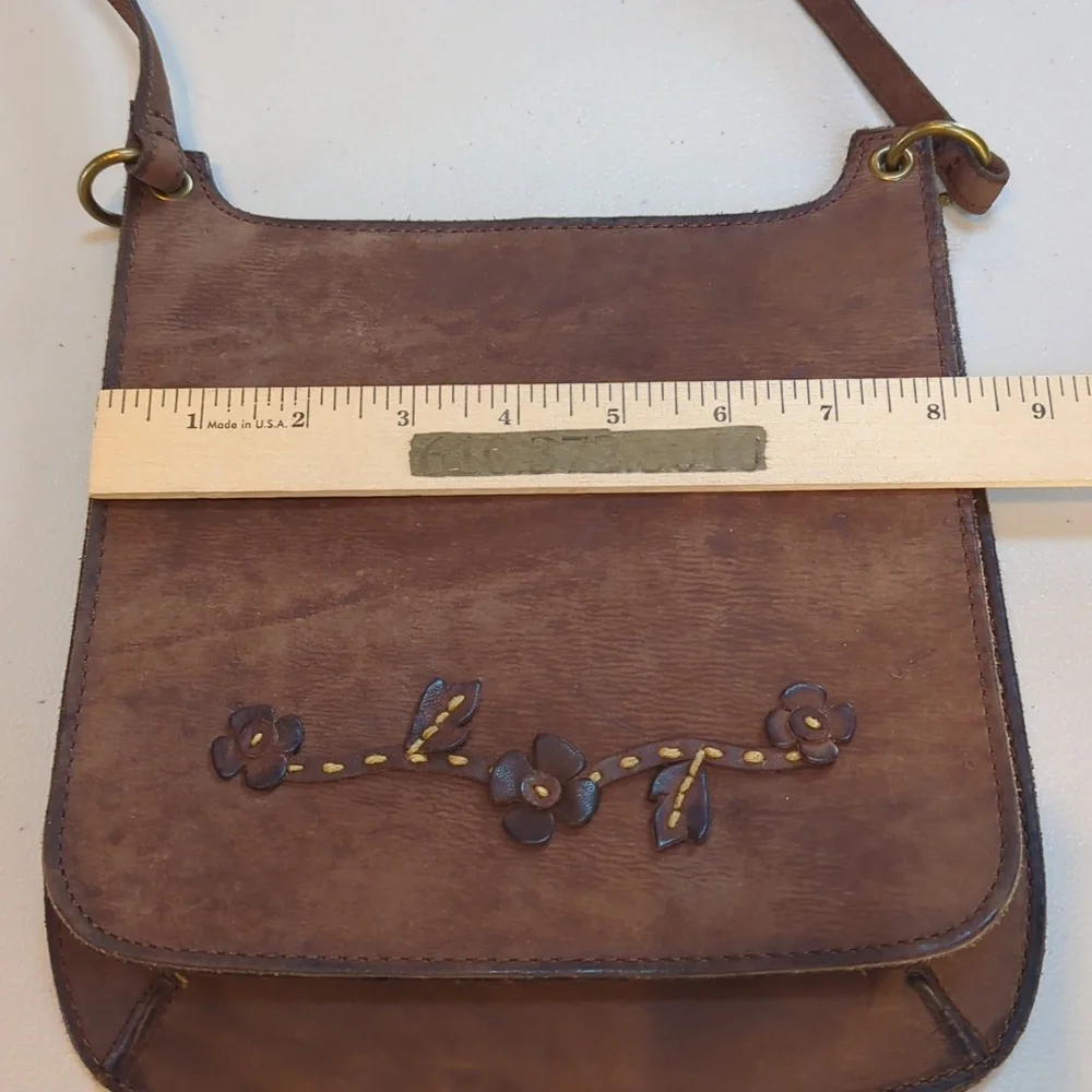 Vintage,Rolfs, Brown Floral Applique Slim Leather Crossbody Bag